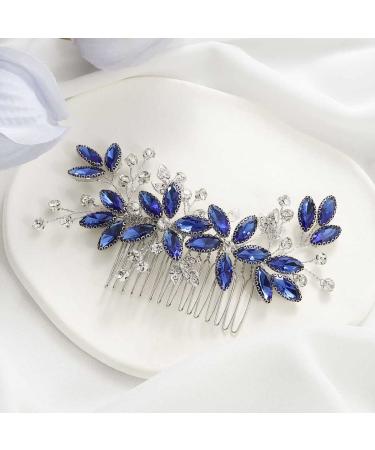 Casdre Crystal Bride Wedding Hair Comb Silver Leaf Bridal Hair Accessories Rhinestone Party Prom Hair Piece for Women and Girls (B Blue)