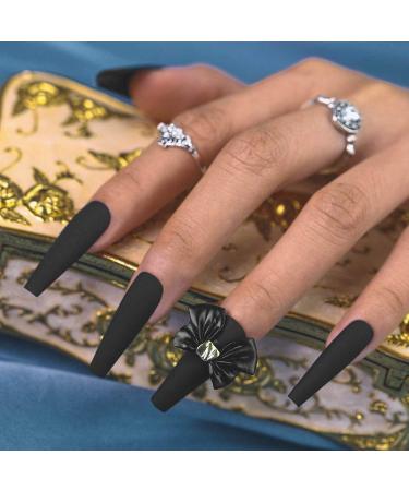 Sethexy Long Black Ballerina Nails - 24pcs Matte Coffin Press-On Acrylic Nail Tips with Glue | Stylish Bowknot Design for Women & Girls - Buy Online on GoSupps.com