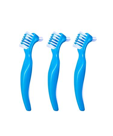 3 Pieces Premium Denture Cleaning Brush Set with Multi-Layered Bristles & Ergonomic Rubber Handle Portable Denture Double Sided Brush for False Teeth Cleaning Blue