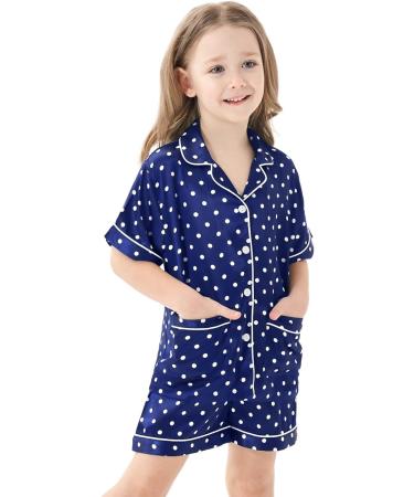 SWOMOG Kids Satin Pyjamas Set | Short Sleeve Silk Nightwear | 2 Piece Lounge Set | 4-5 Years | Navy Blue Dot - Buy Online on GoSupps.com