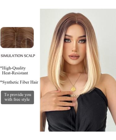OUFEI 14 Short Straight Blonde Bob Wig with Brown Roots - Synthetic Hair for Women | Cosplay & Party Ombre Blonde Wig - Buy Online on GoSupps.com