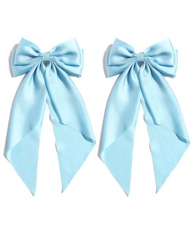 Pack of 2 Big Bow Hair Barrette Clips Soft Satin Silky Bowknot with long Tail French Barrette Hair Clip Hair Scrunchie Cute Gifts for Women Girls (Sky Blue)