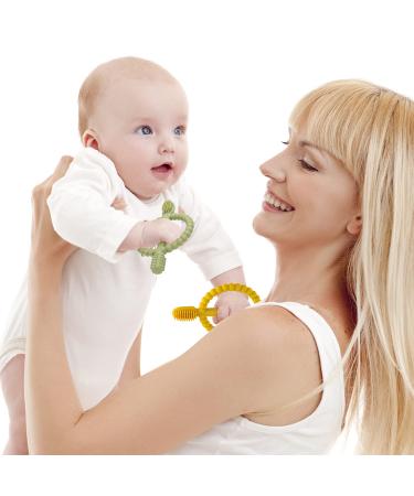 Baby Biting Toys & Toothbrush Set - BPA-Free Silicone Teething Rings for Gums Relief (Dark Green & Yellow) - 2 Pieces for 3+ Months - Buy Online on GoSupps.com