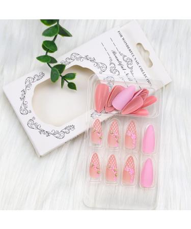 24PCS Medium Almond Flower Press on Nails - Pink Glossy False Nails with Glue | Spring Nail Decoration for Women - Buy Online on GoSupps.com