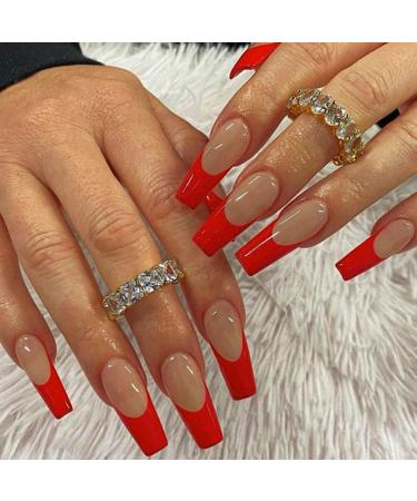 Acedre Coffin Red Press on Nails Long Fake Nails Glossy French Tips False Nail Full Cover Stick on Nails Art for Women and Girls (Pack of 24)