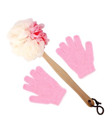 Loofah on a Stick  and Exfoliating Glove Set  Back Loofah Scrubber Loofah Back Scrubber for Shower for Men & Women Loofah on a Stick Extra Long Handle for Shower Elderly Back Sponge (Two-Color_Pink)