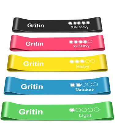 Gritin Resistance Bands, Set of 5 Skin-Friendly Resistance Fitness Exercise Loop Bands with 5 Different Resistance Levels - Carrying Case Included - Ideal for Home, Gym, Yoga, Training Green - Blue- Yellow - Pink - Black