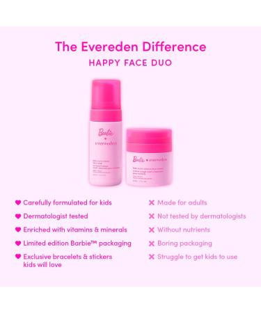 Evereden Barbie Limited Edition Kids Happy Face Duo + Exclusive Accessories | Multi-Vitamin Face Wash & Cream Set with Stickers + Bracelets | Clean Skin Care for 3+ | Barbie Gift Box for Kids Barbie Special Edition - Buy Online on GoSupps.com