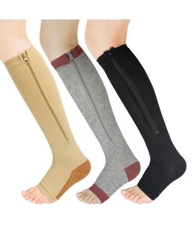 Yushow 3 couple compression stockings women men's support stockings with zipper 15-20 mmHg Medical compression socks Open toes Compression socks for edema sport run L-XL black and brown and gray skin (3 pairs)
