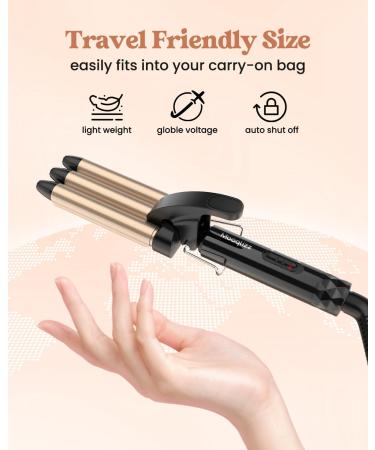 Mini Hair Crimper - 1/2 Inch Beach Waves for Short Hair | Small 3 Barrel Curling Iron for Travel | Ceramic Dual Voltage Hair Waver - Lightweight & Gold - Buy Online on GoSupps.com