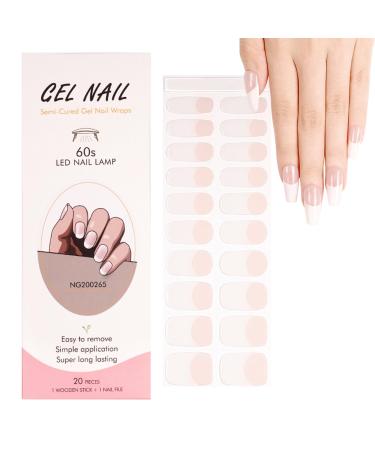 Semi Cured Gel Nail Strips - Semi Cured Gel Nail Wraps - 20 Pcs French Tip Stickers Salon-Quality Gel Nail Strips with Nail File & Wooden Cuticle Stick