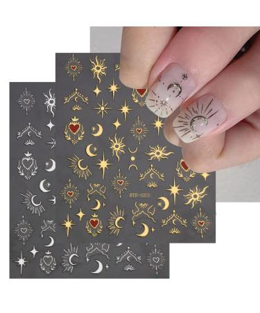 3 Sheets Nail Art Stickers Decals Gold Sun Moon Star Stripe Line Nail Decals Self-Adhesive Heart Nail Art Supplies for Nail DIY Decoration 3D Adhesive Nail Accessories for Women French Nail Design Valentines Nail Sticker...