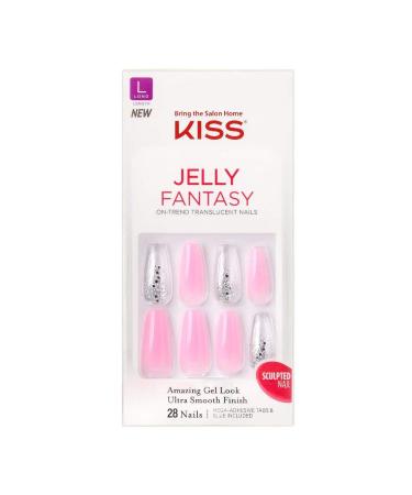 KISS Jelly Fantasy On-Trend Translucent Nails Long Sculpted Glue-On/Press-On Fake Nails Kit Sweatpants with Gel Nail Glue 24 Mega Adhesive Tabs Mini File Manicure Stick & 28 False Nails