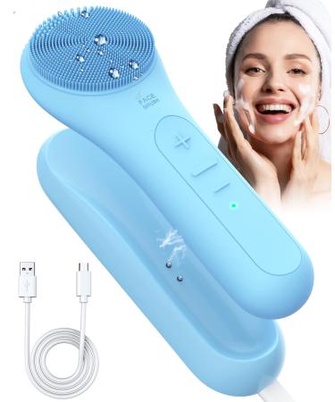Sonic Silicone Face Scrubber for Sensitive Skin Waterproof Electric Facial Cleansing Brush with Base, Jack&Rose Inductive Charging Face Exfoliator BrushSky Blue