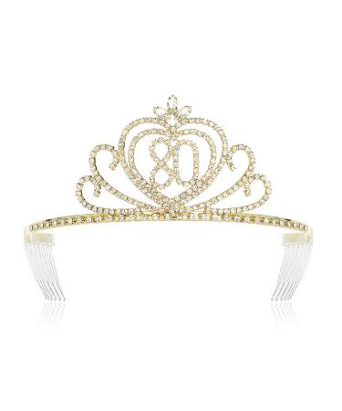 DcZeRong Women 80th Birthday Queen Tiara Crown Rhinestone Women 80th Birthday Queen Crown Tiara Gold 80 Birthday Gold 2-1/2tall