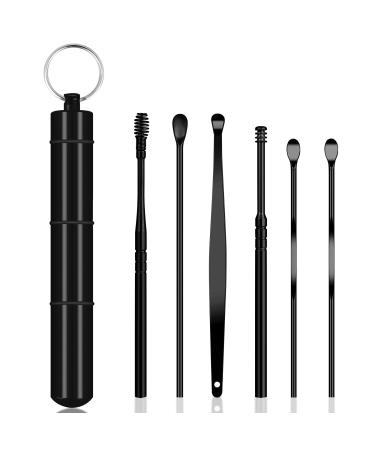 Ear Wax Removal Kit  Ear Pick Tools Earwax Removal 6-in-1 Ear Cleansing Tool Set Stainless Steel Ear Curette Ear Wax Remover Tool with Keychain Box (Black)