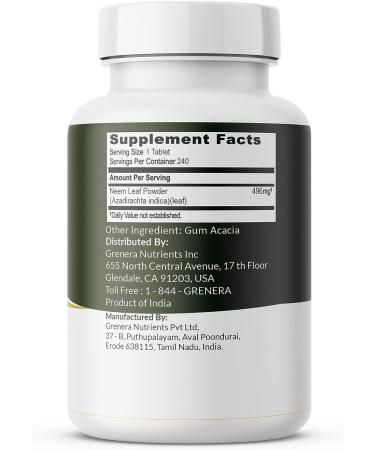 Grenera Neem Tablets - Pure Neem Leaf Kosher & Halal Certified Supplement | 240 Tablets - Buy Online on GoSupps.com