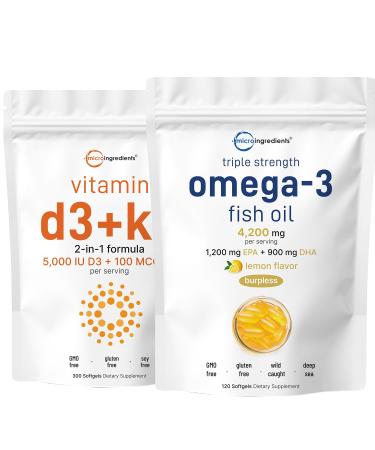 Micro Ingredients Vitamin D3 5 000iu + K2 100mcg Softgels & Omega-3 Fish Oil 120 Softgels Bundle 2 Pack | Essential Sunshine Vitamins | Wild-Caught Fish Lemon Flavored Burpless