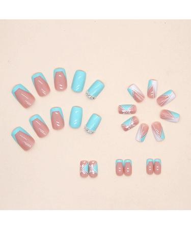 24pcs Short Square White & Blue French Tip False Nails - Summer Fake Nails with Designs for Women & Girls - Buy Online on GoSupps.com
