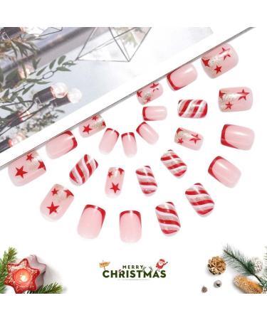 Vatocu Christmas False Nails - Short Red Press on Nails with Snowflakes, Elk, Snowman Design (24pcs) - Acrylic Stick on Nails for Women and Girls - Buy Online on GoSupps.com