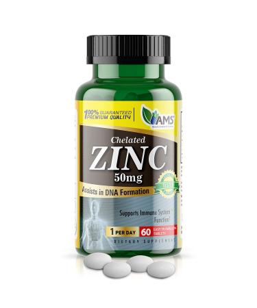 America Medic & Science Chelated Zinc 50 mg Supplements (1 Pack of 60 Tablets) Immune Booster and Powerful Antioxidant Pills for Adults Men and Women | Highly Absorbable Mineral Improves Mood & Sleep 60 Count (Pack of 1)