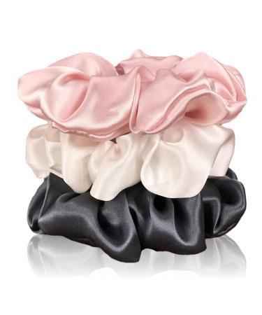 Celestial Silk Mulberry Silk Scrunchies for Hair (Large, Charcoal, Pink, Ivory) Large Charcoal, Pink, Ivory