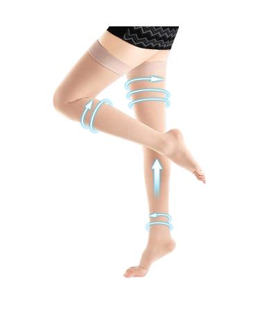 Compression Stockings Thigh High for Women Men 20-30 mmhg Graduated Compression Socks Open Toe Compression Support Hose with Non-Slide Silicone Dot Band for Swelling and Varicose Veins (Beige L) Beige Large (1 Pair)