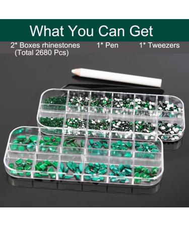 Emerald Green Rhinestone Nail Gems Set with Picker and Tweezers - Glass Crystals, Flatback Face Gems for Nail Art - Shiny Multi Shape Rhinestones - Nail Art Tools Included - Buy Online on GoSupps.com