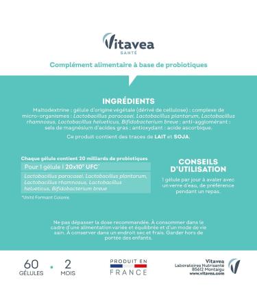 Vitavea Ultrabiotique - Probiotique Flore Intestinale Equilibre du Microbiote Digestion - Ferments Lactiques - Lactobacillus & Bifidobacterium - 5 souches - 60 g lules - 2 mois-Fabriqu en France 60 jours - Buy Online on GoSupps.com