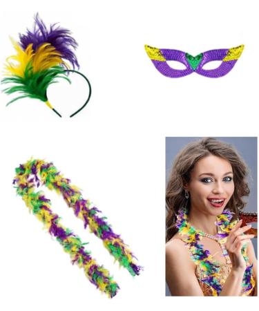 hgnxa Mardi Gras Costume Accessory Set Mardi Gras Tricolor Eyemask Feathers Headband Neckerchief for Womens Girls Cosplay Gift Purple - Buy Online on GoSupps.com
