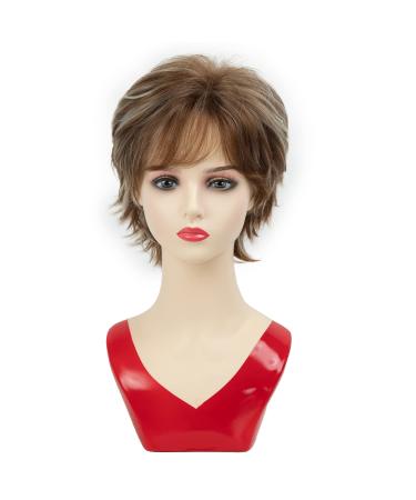 Short Brown Curly Wig with Blonde Highlights - Layered Synthetic Pixie Cut Wavy Wig for White Women - Ideal for Daily & Party Wear - Buy Online on GoSupps.com