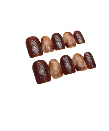 Gold Foil Amber Caramel Chocolate Handmade Press On Nails Autumn Winter Gradient False nails Wearing Nail enhancement (Color : S)