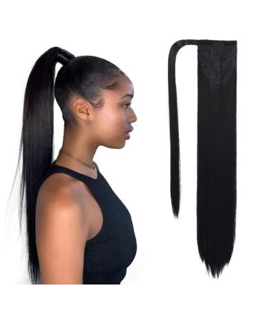 SEIKEA Clip in Ponytail Extension Wrap Around Long Straight Pony Tail Hair 28 Inch Synthetic Hairpiece - Black 28 Inch (Pack of 1) Black