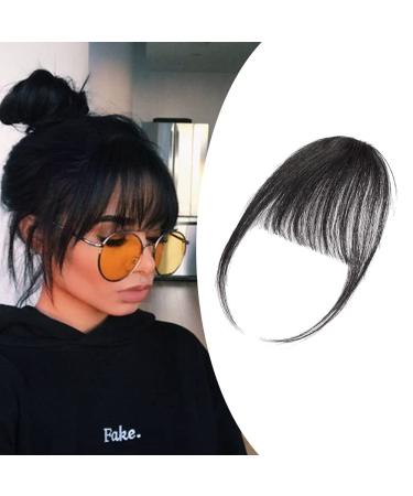Elailite Clip on Bangs Human Hair Super Thin Fringe - 100% Real Remy Natural Hair 5 Inch With Temples Hair Piece - #1 Jet Black Super Thin #01 Jet Black