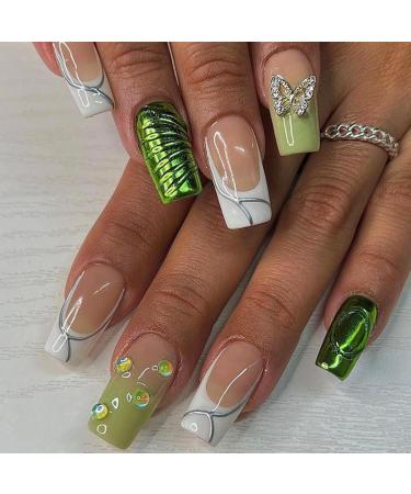 Press on Nails Medium Square French White Fake Nails with 3D Alloy Butterfly Design Press ons Artificial Acrylic Full Cover False Stick on Nail for Women Girls Daily Wear Wedding 24Pcs French with 3D Alloy Butterfly A01