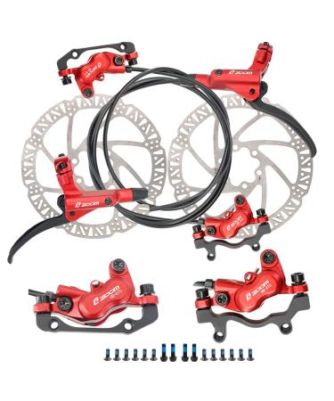 JFOYH 4-Piston Pre-Bled Hydraulic Disc Brake Set for Mountain Bike, Bike Disc Brake Kit with 160mm Rotors, Front and Rear Levers(PM Adapter Included) ZM3000 Red Left-Rear&Right-Front