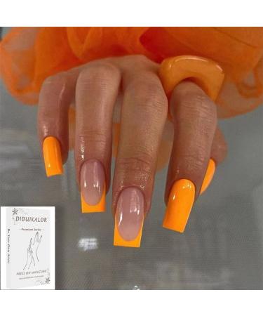 Acrylic Press on Nails Medium Length  Fake Nails Coffin Glue on Nails  False Nails with Glue for Women Girls (Orange French)