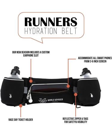 World Voyager Hydration Belt for Runners - High-Quality Reflective Smartphone Pocket BPA-Free Bottles - Black - Buy Online on GoSupps.com