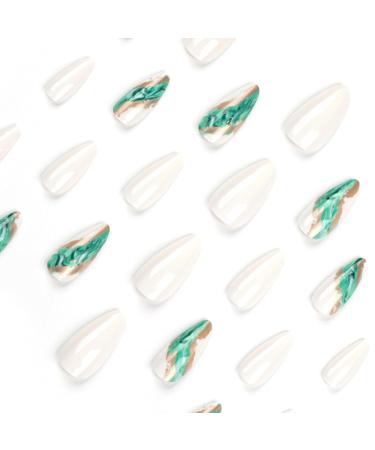 Buy Mouyouglow Press-On Nails - Almond White & Green Smudged Gold Leaf - Long-Lasting Fake Nails with Glue - International Shipping Available - Buy Online on GoSupps.com