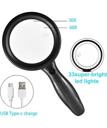 LED Magnifying Glass with Light - 60X Handheld Magnifier USB Charging 3 Modes - Ideal for Seniors Children Jewelers & Hobbies - Black - Buy Online on GoSupps.com