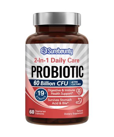 Surebounty Probiotics 60 Billion CFU 19 Strains, Probiotics for Men & Women, with 100mg Prebiotic, Shelf Stable, 2-in-1 Daily Care Probiotic, Non-GMO, Digestive & Immune Health, 60 Veggie Capsules