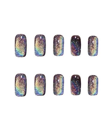 Black Glossy Glitter Press-On Nails - Short Cat Eye Colorful Acrylic Stick-On Nails for Women 24pcs - Buy Online on GoSupps.com