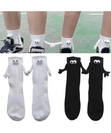 Magnetic Sucktion 3D Doll Couple Socks Couple Holding Hands Funny Socks Mid-Tube Cute Socks Funny Gifts for Women Men 2 pair White + Black