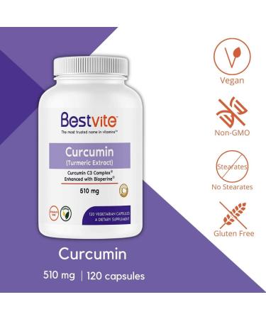 Bestvite Curcumin 510mg (Turmeric) - 120 Vegetarian Capsules with Curcumin C3 Complex & Bioperine - 95% Curcuminoids - Vegan & Non-GMO - Gluten Free - Buy Online on GoSupps.com