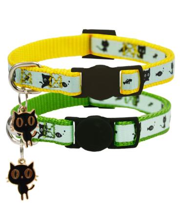 Barleygoo 2 Pack Glow in The Dark Cat Collar with Bell Breakaway Safety Cat Puppy Collars with Pendant Green & Yellow