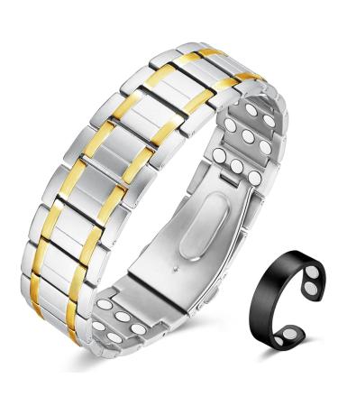 Vicmag magnetic hardship men three rows magnetic field therapy Titan steel bracelet for arthritis pain relief improved folding lock with adjustment tools (silver gold) 2-silver gold