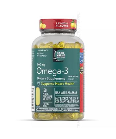 Members Mark Omega 3 Fish Oil (150 Count.) 900 mg Wild Alaskan MSC-Certified Sustainable Supports Heart & Brain Health No Fishy Aftertaste