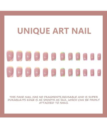 Square False Nails Short 24Pcs Wavy Fake Nails Short Nude Fake Nails Nails Fake Nail for Nails Art Acrylic Full Cover Nails Tips with Glue for Women Girls (French Multicolor Gradient) - Buy Online on GoSupps.com