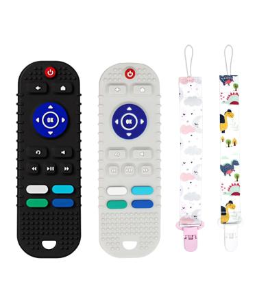 2PCS Remote teether for Baby  Silicone Baby Teething Toys for Babies 3 6 12 Months  tv Remote Control Shape Silicone Toddler Chew Toys with Pacifier Clip for Boys and Girls (White+Black)