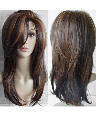 Wigherlange Ombre Brown & Blond Wavy Wig with Bangs for Women - Heat Resistant Synthetic Hair - Buy Online on GoSupps.com